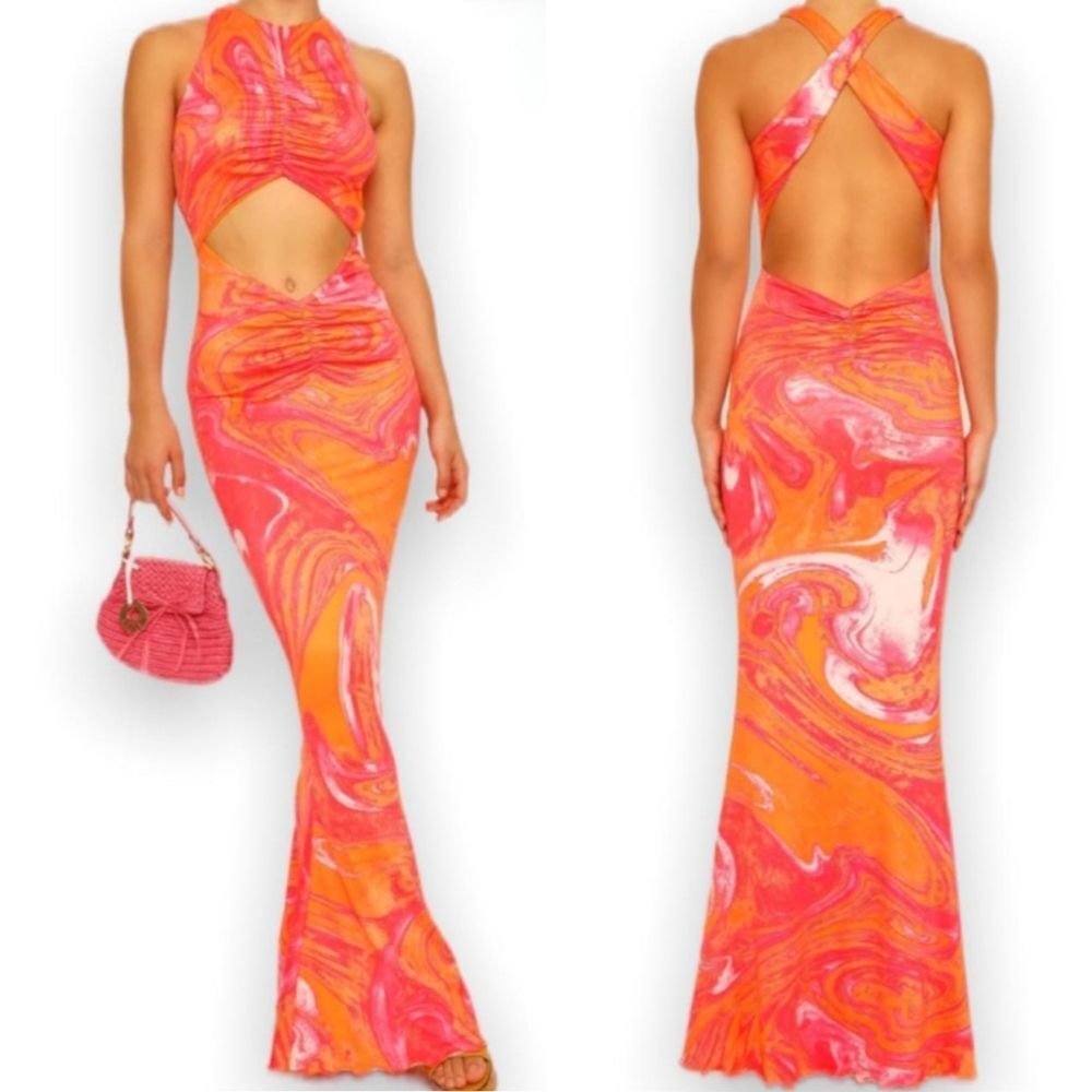 Tiger Mist Orange Pink Coral Swirl Abstract Cutouts Kimmie Maxi Dress Large NWT